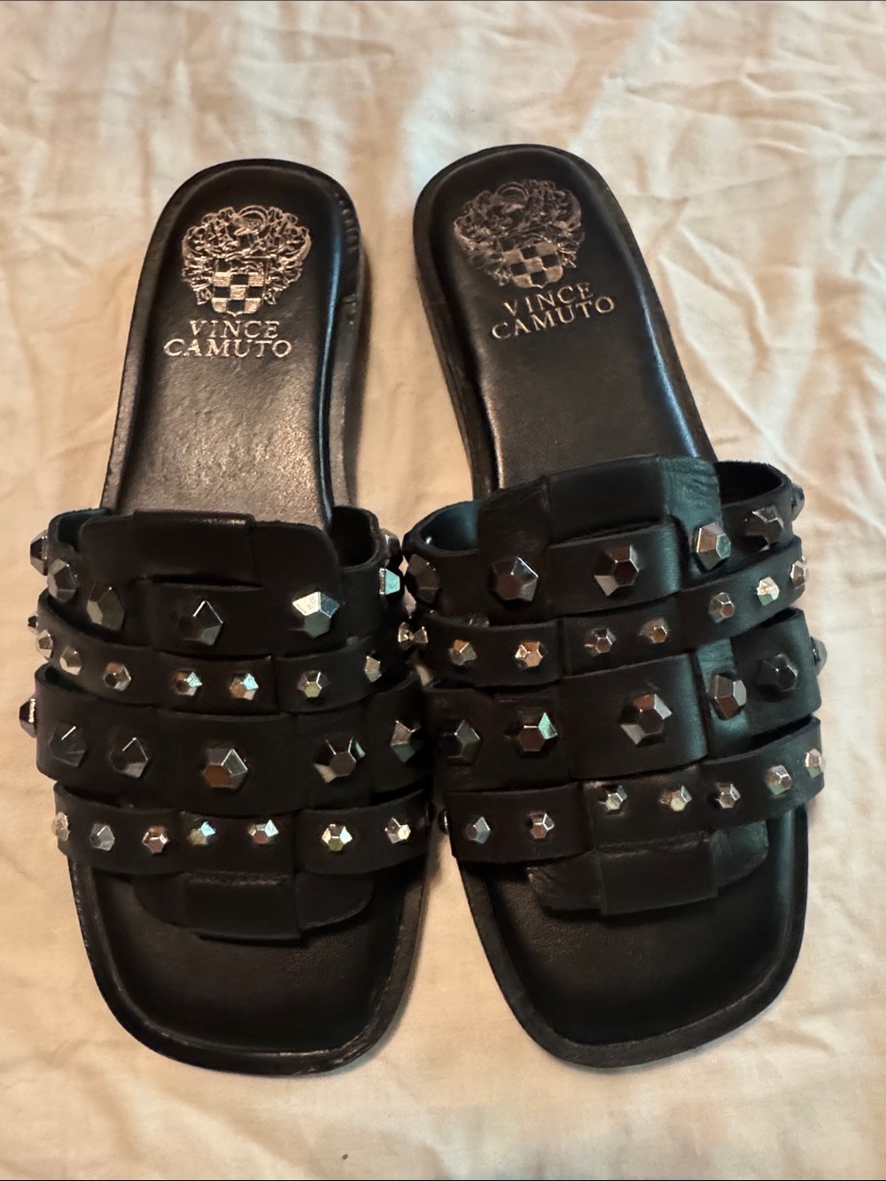 Vince Camuto Neverna Black Leather Woven Studded Slide Sandals Womens 6M